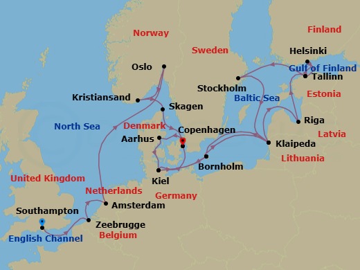 21 Night - European Capitals & Baltic Explorer - Caribbean Princess - Starting in Southampton (for London), England, Zeebrugge (for Brussels / Bruges), Belgium, Amsterdam, Netherlands, Oslo, Norway, Oslofjord (Scenic Cruising), Kristiansand, Norway, Skagen, Denmark, Copenhagen, Denmark, Aarhus, Denmark, Kiel (Hamburg), Germany, Bornholm, Denmark, Klaipeda, Lithuania, Riga, Latvia, Tallinn, Estonia, Helsinki, Finland, Tallinn, Estonia, Stockholm, Sweden, Klaipeda, Lithuania, Bornholm, Denmark, Kiel (Hamburg), Germany, Copenhagen, Denmark itinerary map