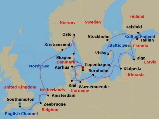 21 Night - European Capitals & Baltic Explorer - Caribbean Princess - Starting in Southampton (for London), England, Zeebrugge (for Brussels / Bruges), Belgium, Amsterdam, Netherlands, Kristiansand, Norway, Oslo, Norway, Oslofjord (Scenic Cruising), Skagen, Denmark, Copenhagen, Denmark, Aarhus, Denmark, Warnemunde (for Berlin), Germany, Bornholm, Denmark, Klaipeda, Lithuania, Riga, Latvia, Tallinn, Estonia, Helsinki, Finland, Tallinn, Estonia, Stockholm, Sweden, Visby, Sweden, Bornholm, Denmark, Kiel (Hamburg), Germany, Aarhus, Denmark, Copenhagen, Denmark itinerary map