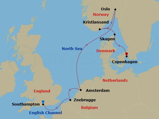 7 Night - Northern Europe Capitals - Caribbean Princess - Starting in Southampton (for London), England, Zeebrugge (for Brussels / Bruges), Belgium, Amsterdam, Netherlands, Oslo, Norway, Oslofjord (Scenic Cruising), Kristiansand, Norway, Skagen, Denmark, Copenhagen, Denmark itinerary map