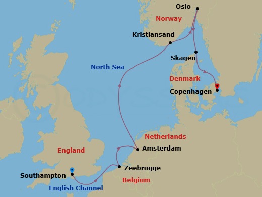 7 Night - Northern Europe Capitals - Caribbean Princess - Starting in Southampton (for London), England, Zeebrugge (for Brussels / Bruges), Belgium, Amsterdam, Netherlands, Kristiansand, Norway, Oslo, Norway, Oslofjord (Scenic Cruising), Skagen, Denmark, Copenhagen, Denmark itinerary map