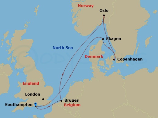 7 Night - Scandinavia - Sky Princess - Starting in Southampton (for London), England, Zeebrugge (for Brussels / Bruges), Belgium, Oslo, Norway, Oslofjord (Scenic Cruising), Copenhagen, Denmark, Skagen, Denmark, Southampton (for London), England itinerary map