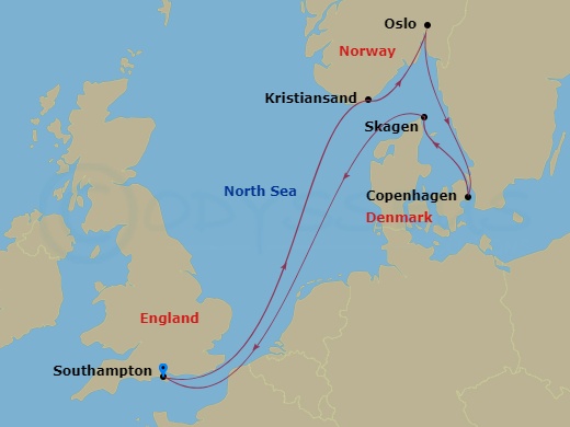 7 Night - Scandinavia - Sky Princess - Starting in Southampton (for London), England, Kristiansand, Norway, Oslo, Norway, Oslofjord (Scenic Cruising), Copenhagen, Denmark, Skagen, Denmark, Southampton (for London), England itinerary map
