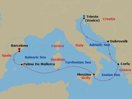 7 Night - Mediterranean, Greece and Croatia - Queen Elizabeth - Starting in Trieste, Italy, Dalmatian Coast Scenic CruisinG, Croatia, Dubrovnik, Croatia, Corfu, Greece, Messina, Sicily, Italy, Messina Strait, Italy (Transit), Palma De Mallorca, Spain, Barcelona, Spain itinerary map