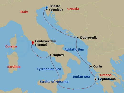 7 Night - Italy, Greece and Croatia - Queen Elizabeth - Starting in Trieste, Italy, Dalmatian Coast Scenic CruisinG, Croatia, Dubrovnik, Croatia, Corfu, Greece, Cephalonia, Greece, Messina Strait, Italy (Transit), Naples (tours to Capri or Pompeii), Italy, Civitavecchia (tours to Rome), Italy itinerary map