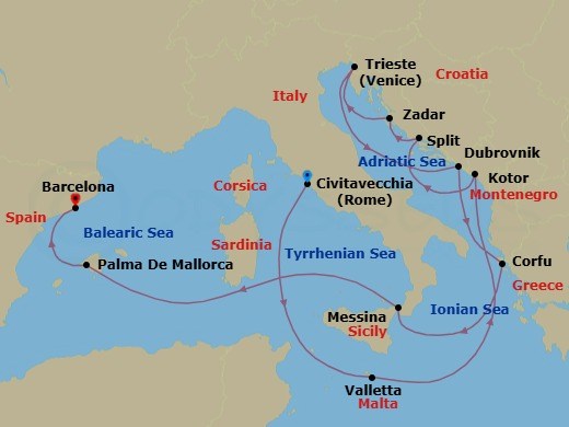 14 Night - Mediterranean and Adriatic - Queen Elizabeth - Starting in Civitavecchia (tours to Rome), Italy, Valletta, Malta, Kotor, Montenegro, Split, Croatia, Zadar, Croatia, Trieste, Italy, Dalmatian Coast Scenic CruisinG, Croatia, Dubrovnik, Croatia, Corfu, Greece, Messina, Sicily, Italy, Messina Strait, Italy (Transit), Palma De Mallorca, Spain, Barcelona, Spain itinerary map