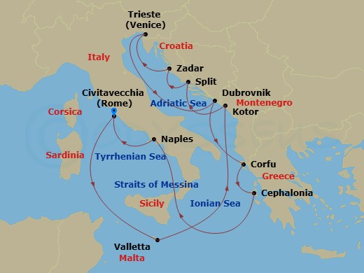 14 Night - Mediterranean and Adriatic - Queen Elizabeth - Starting in Civitavecchia (tours to Rome), Italy, Valletta, Malta, Kotor, Montenegro, Split, Croatia, Zadar, Croatia, Trieste, Italy, Dalmatian Coast Scenic CruisinG, Croatia, Dubrovnik, Croatia, Corfu, Greece, Cephalonia, Greece, Messina Strait, Italy (Transit), Naples (tours to Capri or Pompeii), Italy, Civitavecchia (tours to Rome), Italy itinerary map
