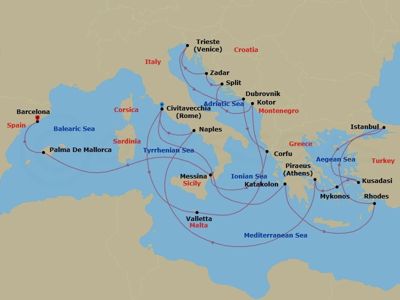 28 Night - Mediterranean, Adriatic, Greece and Turkiye - Queen Elizabeth - Starting in Civitavecchia (tours to Rome), Italy, Messina Strait, Italy (Transit), Katakolon (tours to Olympia), Greece, Rhodes, Greece, Dardanelles Strait, Turkey (Transit), Istanbul, Turkey, Dardanelles Strait, Turkey (Transit), Kusadasi (tours to Ephesus), Turkey, Mykonos, Greece, Piraeus (tours to Athens), Greece, Naples (tours to Capri or Pompeii), Italy, Civitavecchia (tours to Rome), Italy, Valletta, Malta, Kotor, Montenegro, Split, Croatia, Zadar, Croatia, Trieste, Italy, Dalmatian Coast Scenic CruisinG, Croatia, Dubrovnik, Croatia, Corfu, Greece, Messina, Sicily, Italy, Messina Strait, Italy (Transit), Palma De Mallorca, Spain, Barcelona, Spain itinerary map