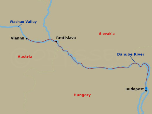 5 Night - The Danube's Imperial Cities and Yuletide Markets River Cruise - MS Riviera Radiance - Starting in Budapest, Hungary, Bratislava, Slovakia, Vienna, Austria, Danube River, Budapest, Hungary itinerary map