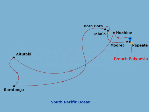 11 Night - Cook Islands & Society Islands - MS Paul Gauguin - Starting in Papeete, Tahiti Island, Huahine, Society Islands, Aitutaki, Rarotonga, Bora Bora, Society Islands, Motu Mahana, Tahaa Island, Society Islands, Moorea Island, Papeete, Tahiti Island itinerary map