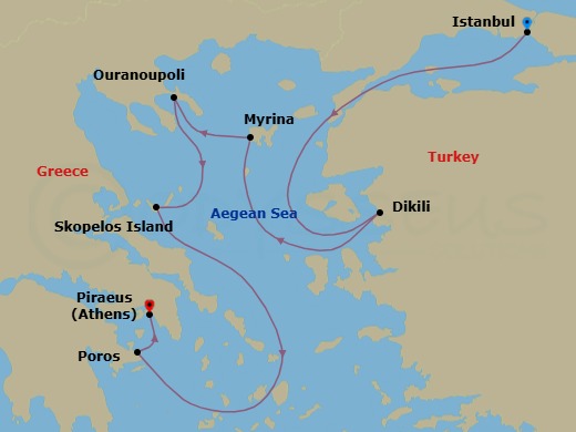 7 Night - Yachtsman's Paradise - Star Flyer - Starting in Istanbul, Turkey, Dikili, Turkey, Myrina / Limnos, Greece, Morning Sailing Along Agion Oros Peninsula, Ouranoupoli, Greece, Skopelos, Greece, Poros, Greece, Piraeus (Port of Athens), Greece itinerary map