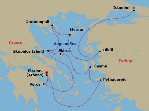 14 Night - Grand Voyage : Istanbul to Athens - Star Flyer - Starting in Istanbul, Turkey, Dikili, Turkey, Myrina / Limnos, Greece, Morning Sailing Along Agion Oros Peninsula, Ouranoupoli, Greece, Skopelos, Greece, Poros, Greece, Piraeus (Port of Athens), Greece, Pythagoreio / Samos, Greece, Cesme, Turkey, Skiros, Greece, Skopelos, Greece, Poros, Greece, Piraeus (Port of Athens), Greece itinerary map