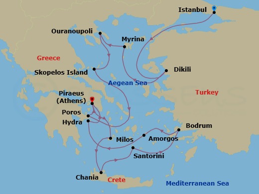 14 Night - Grand Voyage : Instanbul to Athens - Star Flyer - Starting in Istanbul, Turkey, Dikili, Turkey, Myrina / Limnos, Greece, Morning Sailing Along Agion Oros Peninsula, Ouranoupoli, Greece, Skopelos, Greece, Poros, Greece, Piraeus (Port of Athens), Greece, Milos / Adamas, Greece, Chania / Crete, Greece, Santorini, Greece, Bodrum, Turkey, Amorgos, Greece, Hydra, Greece, Piraeus (Port of Athens), Greece itinerary map