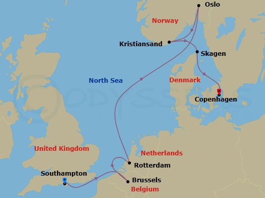 7 Night - Northern Europe Capitals - Regal Princess - Starting in Southampton (for London), England, Zeebrugge (for Brussels / Bruges), Belgium, Rotterdam, the Netherlands, Oslo, Norway, Oslofjord (Scenic Cruising), Kristiansand, Norway, Skagen, Denmark, Copenhagen, Denmark itinerary map