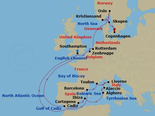 22 Night - Mediterranean & Northern Capitals Explorer - Regal Princess - Starting in Southampton (for London), England, Seville (Cadiz), Spain, Barcelona, Spain, Toulon / Provence (La Seyne), France, Livorno (for Florence / Pisa), Italy, Corsica (Ajaccio), France, Sardinia (Alghero), Italy, Ibiza, Spain, Cartagena ES, Southampton (for London), England, Zeebrugge (for Brussels / Bruges), Belgium, Rotterdam, the Netherlands, Oslo, Norway, Oslofjord (Scenic Cruising), Kristiansand, Norway, Skagen, Denmark, Copenhagen, Denmark itinerary map