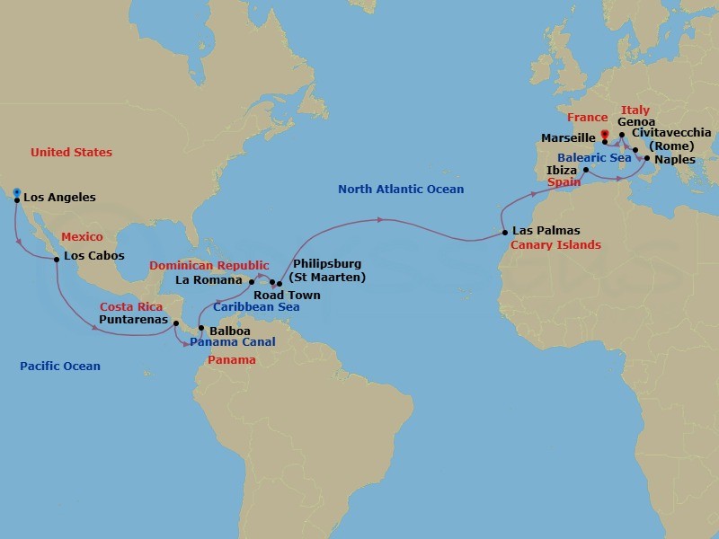 30 Night - Msc World Cruise - MSC Magnifica - Starting in Los Angeles, Cabo San Lucas, Mexico, Puntarenas (San Jose), Costa Rica, Balboa, Panama, Cruising Panama Canal, La Romana, Dominican Republic, Road Town (Tortola), British Virgin Islands, Philipsburg, St Maarten, Las Palmas de Gran Canaria (Canary Islands), Spain, Ibiza (Balearic Islands), Spain, Naples (Pompeii), Italy, Civitavecchia (Rome), Italy, Genoa (Portofino), Italy, Marseille (Provence), France itinerary map