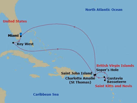 11 Night - Miami to Miami - Silver Nova - Starting in Miami, Fl, Key West, Florida, St Thomas, Sopers Hole, Gustavia, St Barthelemy, St Kitts (Basseterre), St John VI, Miami, Fl itinerary map