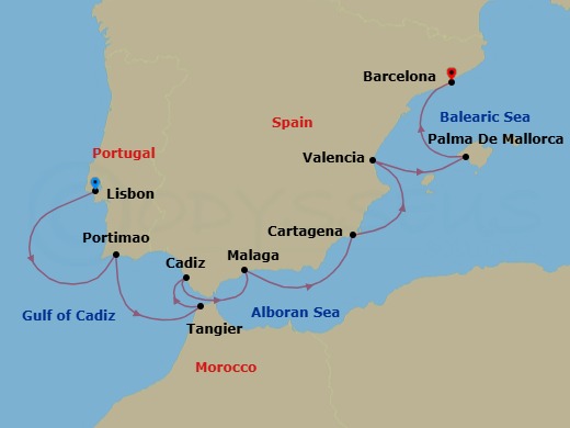 10 Night - Lisbon to Barcelona - Silver Spirit - Starting in Lisbon, Portimao, Tangier, Cadiz, Malaga (Costa del Sol), Cartagena ES, Spain, Valencia, Palma De Mallorca, Barcelona itinerary map
