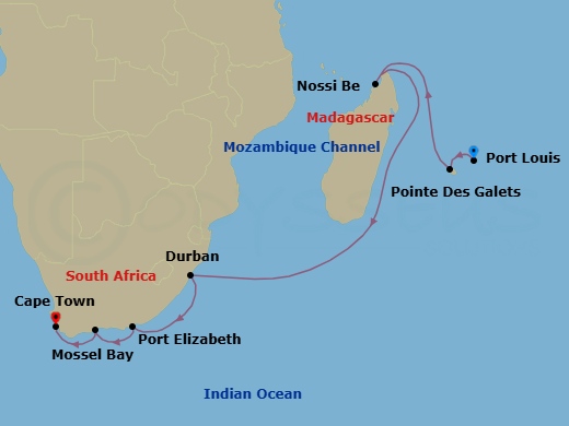 14 Night - Bold Sunsets & Lush Reserves - Seven Seas Mariner - Starting in Port Louis, Pointe Des Galets, Cruising the Mozambique Channel, Nosy Be, Cruising the Mozambique Channel, Durban, Cruising the Indian Ocean, Port Elizabeth ZA, Mossel Bay, Cape Town itinerary map