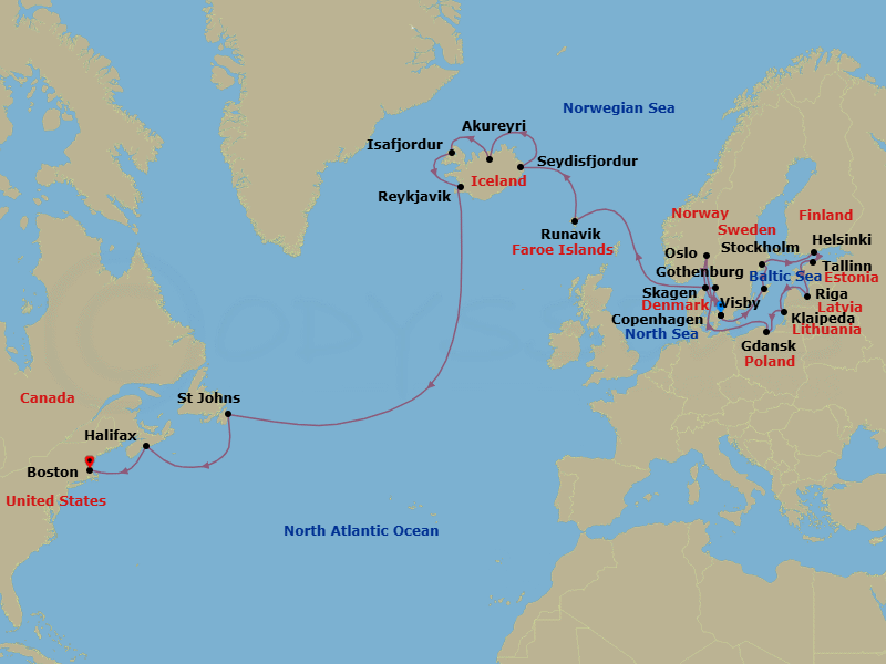 28 Night - Northern European Grand Adventure - Caribbean Princess - Starting in Copenhagen, Denmark, Visby, Sweden, Stockholm, Sweden, Helsinki, Finland, Tallinn, Estonia, Riga, Latvia, Klaipeda, Lithuania, Gdansk (Gdynia), Poland, Oslofjord (Scenic Cruising), Oslo, Norway, Skagen, Denmark, Copenhagen, Denmark, Gothenburg, Sweden, Runavik, Faroe Islands, Seydisfjordur, Iceland, Akureyri, Iceland, Isafjordur, Iceland, Reykjavik, Iceland, St Johns NF, Newfoundland, Halifax, Canada, Boston, Massachusetts itinerary map