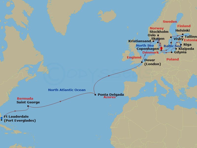27 Night - Scandinavia & Baltic Grand Adventure - Caribbean Princess - Starting in Fort Lauderdale, Florida, Bermuda, Azores Islands (Ponta Delgada), Portugal, Dover UK (for London), England, Kristiansand, Norway, Copenhagen, Denmark, Visby, Sweden, Stockholm, Sweden, Helsinki, Finland, Tallinn, Estonia, Riga, Latvia, Klaipeda, Lithuania, Gdansk (Gdynia), Poland, Oslofjord (Scenic Cruising), Oslo, Norway, Skagen, Denmark, Copenhagen, Denmark itinerary map