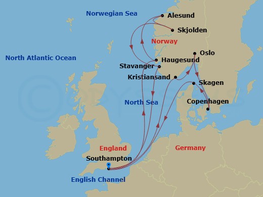 14 Night - Norwegian Fjords & Scandinavia - Sky Princess - Starting in Southampton (for London), England, Haugesund, Norway, Alesund, Norway, Skjolden / Sognefjord, Norway, Sognefjord (Scenic Cruising), Stavanger, Norway, Southampton (for London), England, Kristiansand, Norway, Oslo, Norway, Oslofjord (Scenic Cruising), Copenhagen, Denmark, Skagen, Denmark, Southampton (for London), England itinerary map