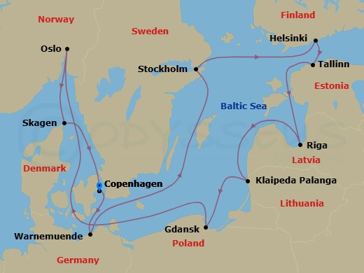 12 Night - Norway, Denmark & Sweden - Caribbean Princess - Starting in Copenhagen, Denmark, Warnemunde (for Berlin), Germany, Stockholm, Sweden, Helsinki, Finland, Tallinn, Estonia, Riga, Latvia, Klaipeda, Lithuania, Gdansk (Gdynia), Poland, Oslofjord (Scenic Cruising), Oslo, Norway, Skagen, Denmark, Copenhagen, Denmark itinerary map