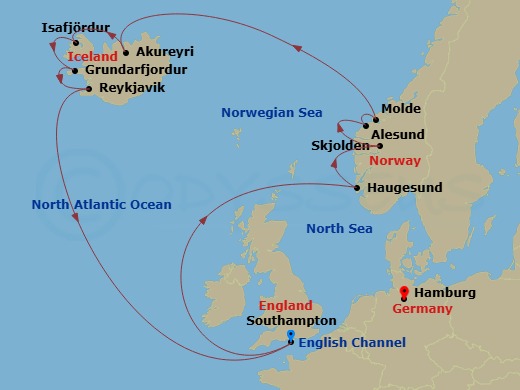 14 Night - Iceland & Norway - Majestic Princess - Starting in Southampton (for London), England, Haugesund, Norway, Skjolden / Sognefjord, Norway, Sognefjord (Scenic Cruising), Alesund, Norway, Molde, Norway, Akureyri, Iceland, Isafjordur, Iceland, Grundarfjordur, Iceland, Reykjavik, Iceland, Southampton (for London), England itinerary map