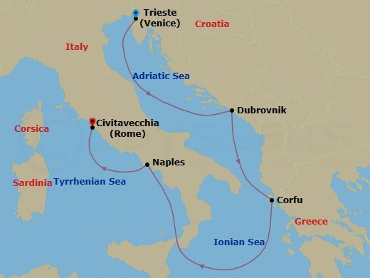 7 Night - Italy, Greece and Croatia - Queen Elizabeth - Starting in Trieste, Italy, Dubrovnik, Croatia, Corfu, Greece, Greek Islands Scenic Cruising, Greece, Messina Strait, Italy (Transit), Naples (tours to Capri or Pompeii), Italy, Civitavecchia (tours to Rome), Italy itinerary map