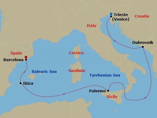 7 Night - Spain, Italy and Croatia - Queen Elizabeth - Starting in Trieste, Italy, Dalmatian Coast Scenic CruisinG, Croatia, Dubrovnik, Croatia, Messina Strait, Italy (Transit), Palermo, Sicily, Italy, Ibiza, Spain, Barcelona, Spain itinerary map