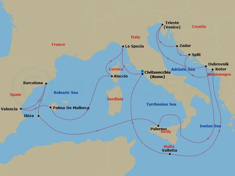 21 Night - Mediterranean and Adriatic - Queen Elizabeth - Starting in Civitavecchia (tours to Rome), Italy, Valletta, Malta, Kotor, Montenegro, Split, Croatia, Zadar, Croatia, Trieste, Italy, Dalmatian Coast Scenic CruisinG, Croatia, Dubrovnik, Croatia, Messina Strait, Italy (Transit), Palermo, Sicily, Italy, Ibiza, Spain, Barcelona, Spain, Valencia, Spain, Palma De Mallorca, Spain, Ajaccio, Corsica, France, La Spezia (tours to Florence or Pisa), Italy, Civitavecchia (tours to Rome), Italy itinerary map