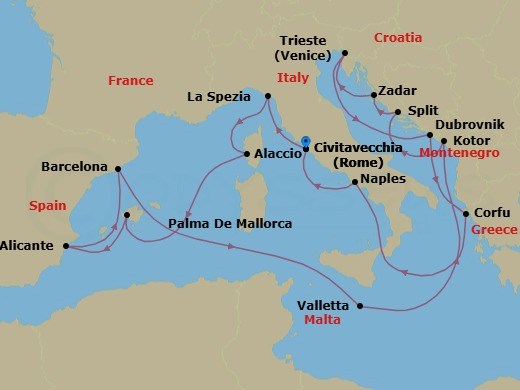 21 Night - Mediterranean, Adriatic and Greece - Queen Elizabeth - Starting in Civitavecchia (tours to Rome), Italy, La Spezia (tours to Florence or Pisa), Italy, Ajaccio, Corsica, France, Palma De Mallorca, Spain, Alicante, Spain, Barcelona, Spain, Valletta, Malta, Kotor, Montenegro, Split, Croatia, Zadar, Croatia, Trieste, Italy, Dubrovnik, Croatia, Corfu, Greece, Greek Islands Scenic Cruising, Greece, Messina Strait, Italy (Transit), Naples (tours to Capri or Pompeii), Italy, Civitavecchia (tours to Rome), Italy itinerary map