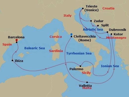 14 Night - Spain, Italy and Adriatic - Queen Elizabeth - Starting in Civitavecchia (tours to Rome), Italy, Valletta, Malta, Kotor, Montenegro, Split, Croatia, Zadar, Croatia, Trieste, Italy, Dalmatian Coast Scenic CruisinG, Croatia, Dubrovnik, Croatia, Messina Strait, Italy (Transit), Palermo, Sicily, Italy, Ibiza, Spain, Barcelona, Spain itinerary map