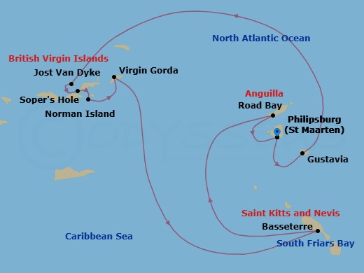 7 Night - Treasure Islands - Star Flyer - Starting in Philipsburg, St Maarten, Gustavia, St Barts, White Bay, Jost Van Dyke, Sopers Hole, Tortola, Sailing Sir Francis Drake Channel, The Bight / Norman Island, British Virgin Islands, Spanish Town, Virgin Gorda, Beach, Captains Best, British Virgin Islands, Basseterre, St Kitts (Morning), South Friars Bay, St Kitts, Road Bay, Anguilla, Philipsburg, St Maarten itinerary map