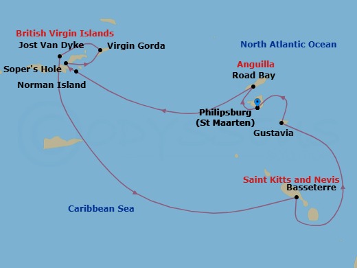 7 Night - Treasure Islands - Star Flyer - Starting in Philipsburg, St Maarten, Road Bay, Anguilla, Sailing Sir Francis Drake Channel, The Bight / Norman Island, British Virgin Islands, Sopers Hole, Tortola, Spanish Town, Virgin Gorda, Beach, Captains Best, British Virgin Islands, White Bay, Jost Van Dyke, Basseterre, St Kitts (Morning), South Friars Bay, St Kitts, Gustavia, St Barts, Philipsburg, St Maarten itinerary map