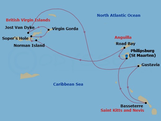 7 Night - Treasure Islands - Star Flyer - Starting in Philipsburg, St Maarten, Road Bay, Anguilla, Sailing Sir Francis Drake Channel, The Bight / Norman Island, British Virgin Islands, Sopers Hole, Tortola, Spanish Town, Virgin Gorda, Beach, Captains Best, British Virgin Islands, White Bay, Jost Van Dyke, Gustavia, St Barts, Basseterre, St Kitts (Morning), South Friars Bay, St Kitts, Philipsburg, St Maarten itinerary map