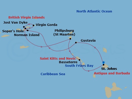 7 Night - Antigua Roundtrip - Star Clipper - Starting in St Johns AG, Gustavia, St Barts, Sailing Sir Francis Drake Channel, The Bight / Norman Island, British Virgin Islands, Sopers Hole, Tortola, Spanish Town, Virgin Gorda, Beach, Captains Best, British Virgin Islands, White Bay, Jost Van Dyke, Philipsburg, St Maarten, Basseterre, St Kitts (Morning), South Friars Bay, St Kitts, St Johns AG itinerary map