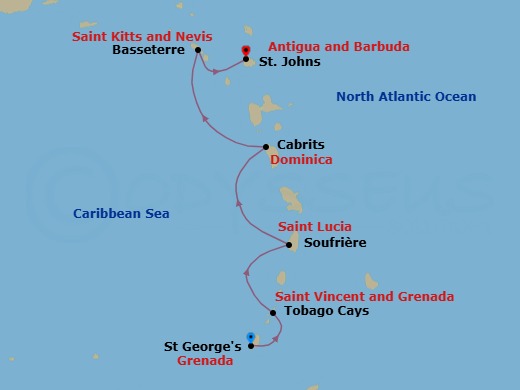 7 Night - Grenada to Antigua - Star Clipper - Starting in St Georges, Grenada, Admiralty Bay, Bequia, Grenadines, Tobago Cays, Grenadines, Soufriere, St Lucia, Beach, Martinique, Cabrits, Dominica, Basseterre, St Kitts (Morning), South Friars Bay, St Kitts, St Johns AG itinerary map