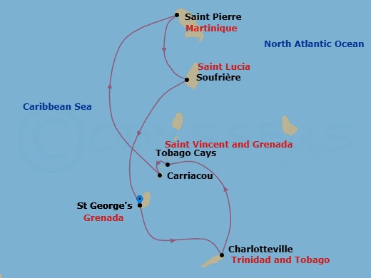 10 Night - Grenada Roundtrip - Star Clipper - Starting in St Georges, Grenada, Charlotteville, Tobago, Englishmans Bay, Tobago, Tobago Cays, Grenadines, Paradise Beach, Carriacou, Grenada, Charlestown Bay, Canouan, Grenadines, Admiralty Bay, Bequia, Grenadines, Saint-Pierre, Martinique, Soufriere, St Lucia, Saline Bay, Mayreau, Grenadines, St Georges, Grenada itinerary map