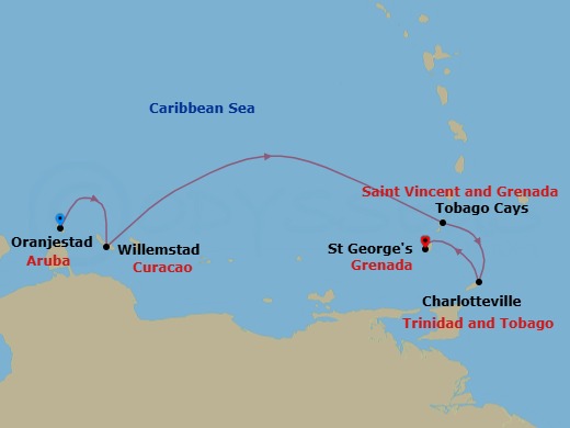 10 Night - Aruba to Grenada - Star Clipper - Starting in Oranjestad, Aruba, Willemstad AN, Curacao, Charlestown Bay, Canouan, Grenadines, Tobago Cays, Grenadines, Admiralty Bay, Bequia, Grenadines, Charlotteville, Tobago, Castara Bay, Tobago, Saline Bay, Mayreau, Grenadines, St Georges, Grenada itinerary map