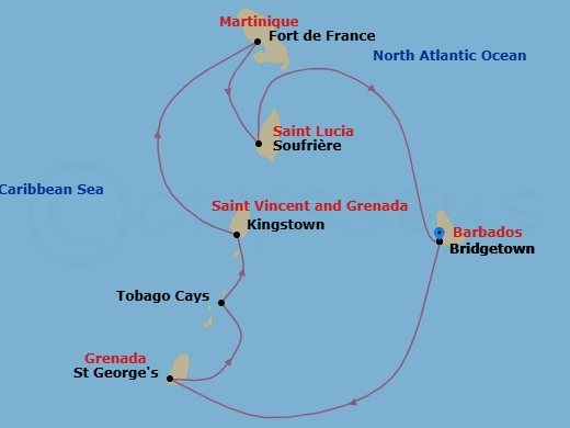 7 Night - Grenadine Islands - Royal Clipper - Starting in Bridgetown, Barbados, Captains Best, Grenadines, St Georges, Grenada, Tobago Cays, Grenadines, Kingstown, St Vincent (Morning), Admiralty Bay, Bequia (Pm), Fort-de-France, Martinique (Morning), Beach, Martinique (Afternoon), Marigot Bay, St Lucia (Am), Soufriere, St Lucia (Pm), Bridgetown, Barbados itinerary map