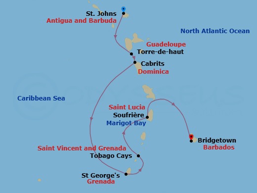 7 Night - Classic Yachtsman's - Royal Clipper - Starting in St Johns AG, Terre De Haut, Iles des Saintes, Cabrits, Dominica, Beach Stop, Martinique, St Georges, Grenada, Tobago Cays, Grenadines, Marigot Bay, St Lucia (Morning), Soufriere, St Lucia (Afternoon), Bridgetown, Barbados itinerary map