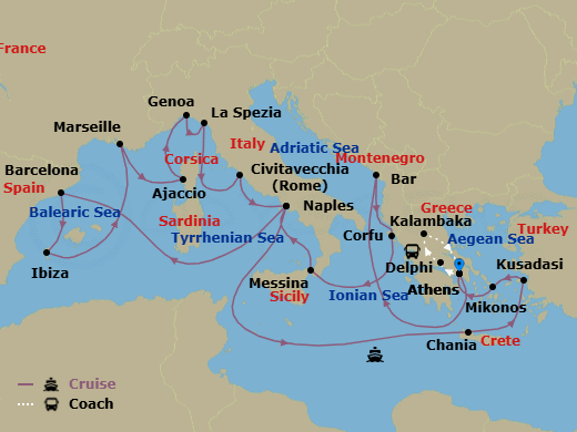 24 Night - Best of Greece - Tour 5C - Sun Princess Tours - Starting in Athens (Piraeus), Greece, Delphi, Greece, Kalambaka, Greece, Athens (Piraeus), Greece, Montenegro, Corfu, Greece, Sicily (Messina), Italy, Naples, Italy (for Capri and Pompeii), Barcelona, Spain, Ibiza, Spain, Marseille (Provence), France, Corsica (Ajaccio), France, Genoa (for Cinque Terre), Italy, La Spezia (for Florence / Pisa), Italy, Civitavecchia (for Rome), Italy, Naples, Italy (for Capri and Pompeii), Crete (Chania), Greece, Kusadasi, Turkey (for Ephesus), Mykonos, Greece, Athens (Piraeus), Greece itinerary map