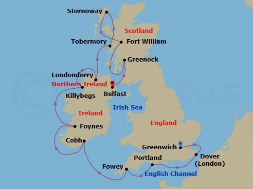 14 Night - British Isles & Ireland - Viking Vesta - Starting in London (Greenwich), Dover UK, Portland UK, Fowey, Cobh (Cork), Foynes (Limerick), Killybegs, Londonderry, Tobermory, Lewis and Harris (Stornoway), Scotland, Fort William, Glasgow (Greenock), Belfast itinerary map