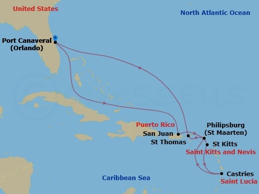 10 Night - Southern Caribbean with St. Lucia - Star Princess - Starting in Port Canaveral (Orlando), Florida, San Juan, Puerto Rico, St Kitts, St Lucia, St Maarten, St Thomas, US Virgin Islands, Port Canaveral (Orlando), Florida itinerary map