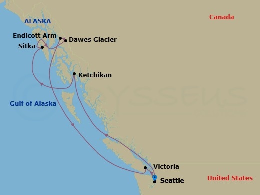7 Night - Alaska : Inside Passage & Glacial Fjords - Brilliant Lady - Starting in Seattle, Washington, Ketchikan, Alaska, Sitka, Alaska, Endicott Arm and Dawes Glacier (Cruising), Victoria CA, Canada, Seattle, Washington itinerary map