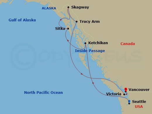 8 Night - Alaska : Seattle to Vancouver - Brilliant Lady - Starting in Seattle, Washington, Ketchikan, Alaska, Sitka, Alaska, Skagway, Alaska, Endicott Arm and Dawes Glacier (Cruising), Victoria CA, Canada, Vancouver, British Columbia, Canada itinerary map
