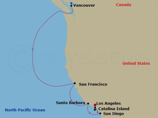 8 Night - Pacific Coastal : Vancouver to La - Brilliant Lady - Starting in Vancouver, British Columbia, Canada, San Francisco, California, Santa Barbara, California, San Diego, California, Catalina Island, California, Los Angeles, California itinerary map