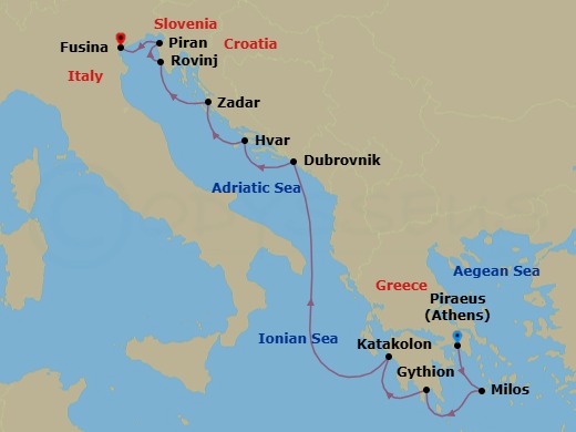 10 Night - Athens to Fusina - Silver Nova - Starting in Athens (Piraeus), Milos, Gythion, Katakolon (Olympia), Dubrovnik, Croatia, Hvar, Zadar, Rovinj, Piran, Fusina (Venice) itinerary map