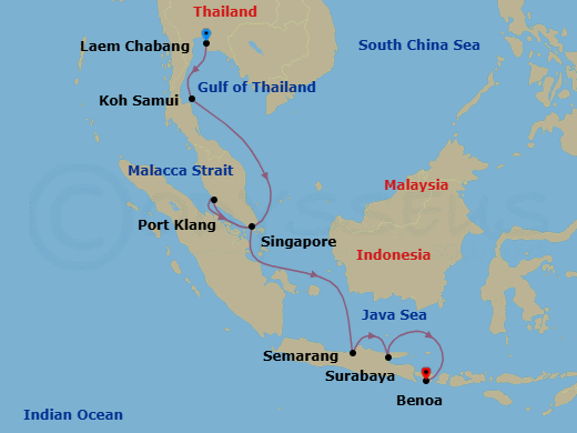 12 Night - Bangkok, Bali & Beyond - Viking Venus - Starting in Bangkok (Laem Chabang), Koh Samui (Nathon), Scenic Sailing Gulf of Thailand, Scenic Sailing Strait of Malacca, Kuala Lumpur (Port Klang), Singapore, Sail the Java Sea, Semarang, Java, Surabaya, Java, Bali (Benoa) itinerary map