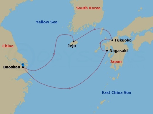 6 Night - Nagasaki, Fukuoka & Jeju Cruise - Spectrum of the Seas - Starting in Shanghai (Baoshan), China, Nagasaki, Japan, Fukuoka, Japan, Jeju (Seogwipo), South Korea, Shanghai (Baoshan), China itinerary map